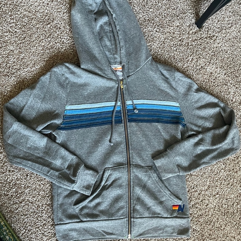 AVIATOR NATION 5 STRIPE HOODIE - HEATHER GREY & BLUE